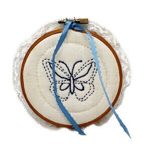 Handmade Butterfly Embroidery Hoop Wall Art With Blue Ribbon & Lace Trim